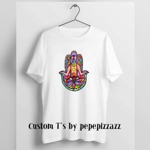 CUSTOM TEES Colorful Hamsa hand Chakra yoga meditation tshirt.